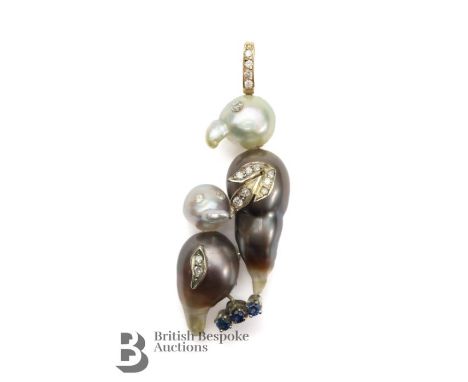 Bespoke pearl and diamond parrot pendant, approx 55 x 20mm, set with 30 pts of dias and 3 x 2.3mm sapphires, 8.7 gms.&nbsp;&n