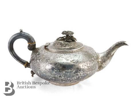 Victorian silver teapot, London hallmark, dated 1848, mm Joseph & Albert Savoury, approx 584.2 gms. (*cr) The tea pot chased 