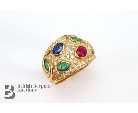 18ct yellow gold diamond, sapphire, emerald and ruby ring, the ring of floral design set with approx&nbsp; &nbsp;pts of dias,