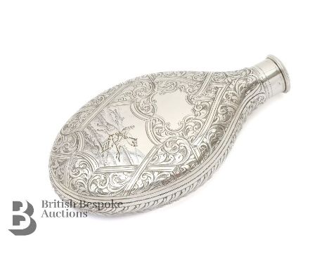 Victorian silver hunting hip flask, Birmingham hallmark dated 1860, mm Simeon Greenberg. The hip flask having rich trailing f