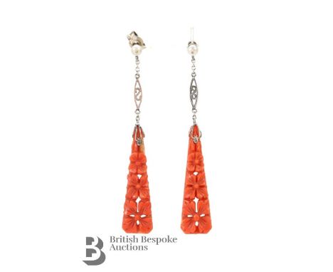 Pair of Art Deco 9ct carved coral and pearl earrings, approx 45mm the carved floral coral drop measures 30 x 8mm. Approx. 3.1