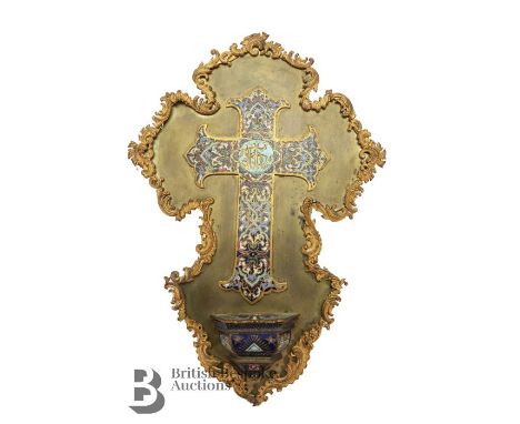 Antique gilded Roman Catholic Bénetier, a gilded brass plaque with an champleve crucifix affixed to it, beneath it is the cha