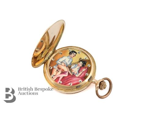 14ct gold Remontoir full hunter novelty automaton pocket watch. The watch having an enamel face painted with an erotic scene,