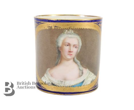 A French Sevres coffee can, the central reserve finely painted with a portrait of Madame Victoire, on a cobalt ground heighte