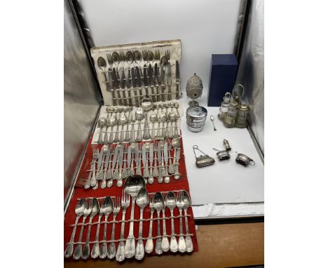 Collection of Silver Plated Cutlery along with Hallmarked Silver Small Purse and Condiment Set, and Artisan's Egg Music Box a