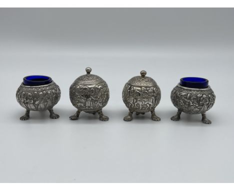 Four Piece White Metal Silver Middle Eastern Condiment Set. 
Total Weight 223gr. 