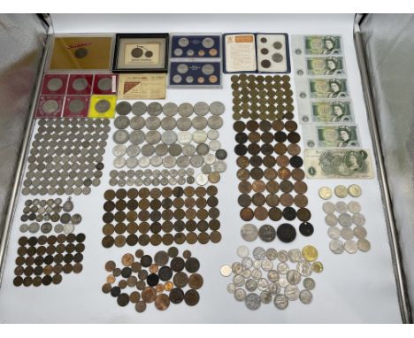 Large Collection of Coins to include Six Pence, Half Crowns, Pennies and Banknotes along with many Silver Coins. 