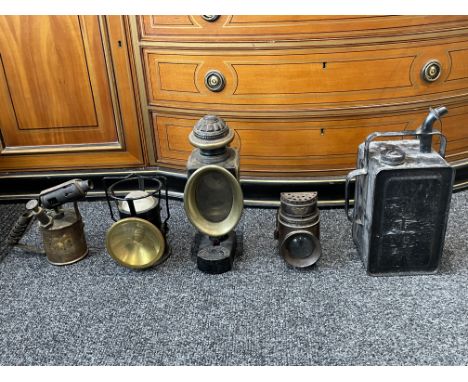 Early railway battery lamp, Blow lamp, The Crescent lamp patent hand lamp with burner, Maynard candle lamp lantern. 