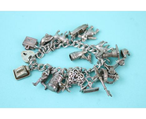 Vintage heart padlock loaded sterling silver charm bracelet (72g) 