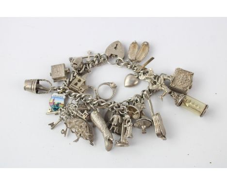 Vintage heart padlock loaded sterling silver charm bracelet (86g) 