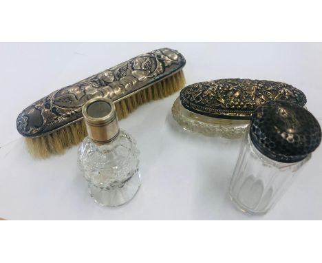 Vintage silver bottles and trinket dish including silver back brush 