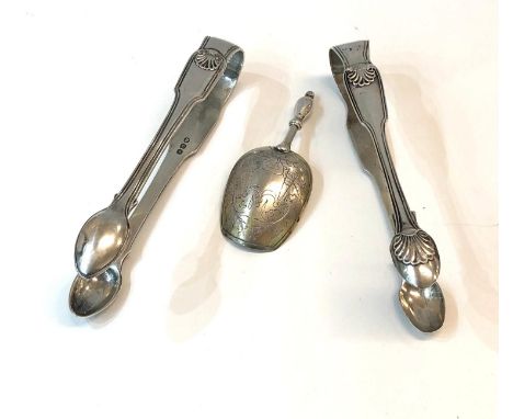 Antique Russian silver tea caddy spoon and 2 Georgian silver sugar tongues 