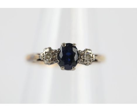 1950's Sapphire &amp; diamond trilogy ring 18k yellow gold &amp; platinum Size M.5 