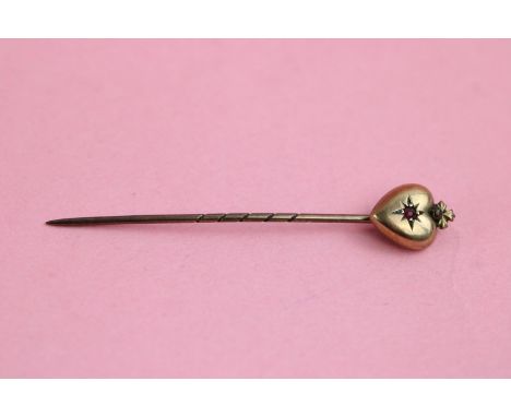 Antique 9ct gold ruby crowned heart ruby stick pin (0.8g) 