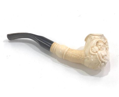 Vintage Japanese Carved Bone Erotica SMOKING PIPE  w/ Horn Stem  In vintage condition  Signs of age &amp; use  See photograph