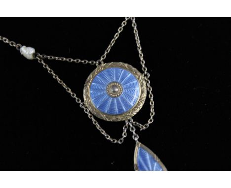 Vintage .925 sterling silver guilloche enamel drop pendant necklace w/ pearl adornments 