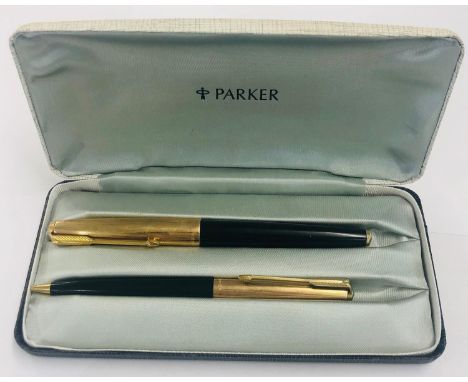 Vintage Parker 61 black fountain pen w/ rolled gold cap, boxed 