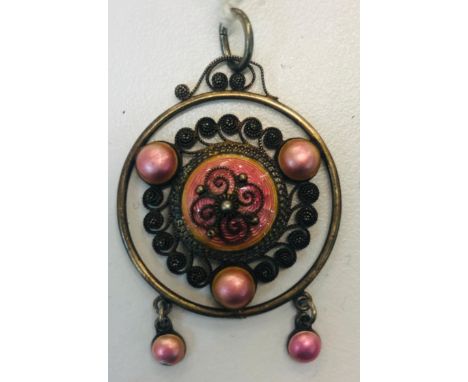 Vintage 930 silver peachy guilloche enamel Scandinavian pendant. Unsigned - attributed Marius Hammer (4.9g),&nbsp;Overall goo