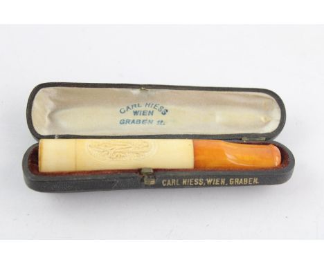 Antique/vintage meerschaum Carl Hiess cheroot holder with amber stem cased 