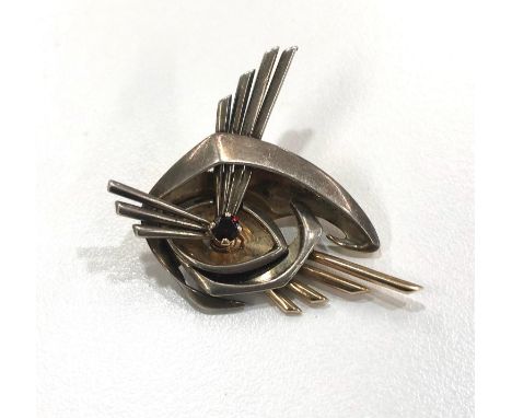 Vintage modernist sterling silver garnet abstract eye burst brooch (10g) 