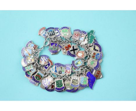 Vintage silver enamel crest souvenir charm bracelet with 70 charms (105g) 