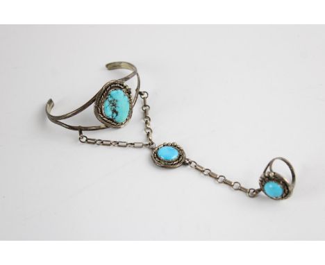 Vintage .925 sterling silver ornate navajo turquoise ring Bracelet, Ring Size N 