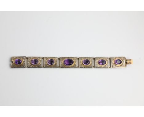 Vintage .900 silver amethyst panel bracelet w/ engraved foliate detailing 