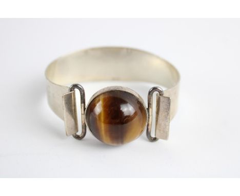 Vintage .925 sterling silver 1970s modernist tigers eye cuff bangle 