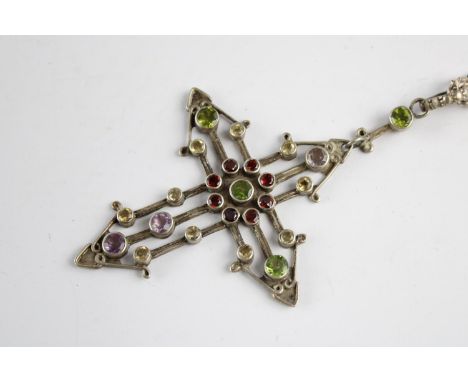 Vintage sterling silver oversized cross set with peridot, garnet and amethyst 