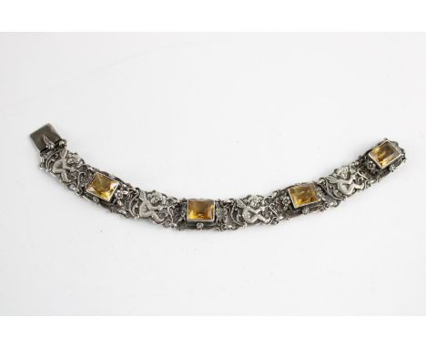 Vintage .925 sterling silver citrine ornate cutwork cherub panel bracelet 