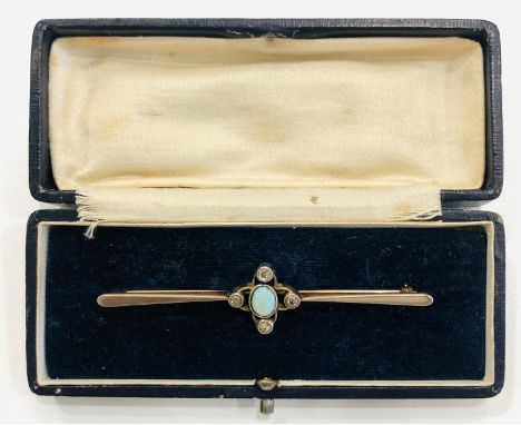 Art deco opal &amp; diamond bar brooch 9k gold &amp; silver topped 