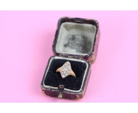 Mid Victorian 15ct gold seed pearl navette ring, size J (3.5g) 