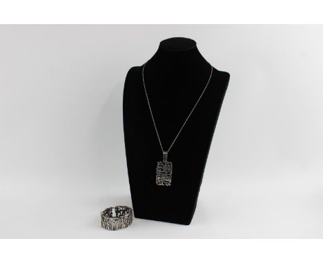 Vintage .835 silver textured modernist pendant necklace &amp; bracelet set 