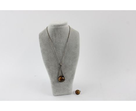 Vintage mid century sterling silver and tigers eye set necklace and ring signed Steinmarkt 