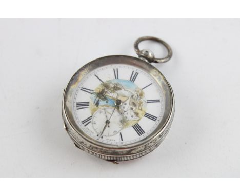 Vintage Gents Stamped .925 STERLING SILVER Pocket Watch  Hand-Wind  SPARES &amp; REPAIRS  w/ Dial Decorated with a Rural Scen