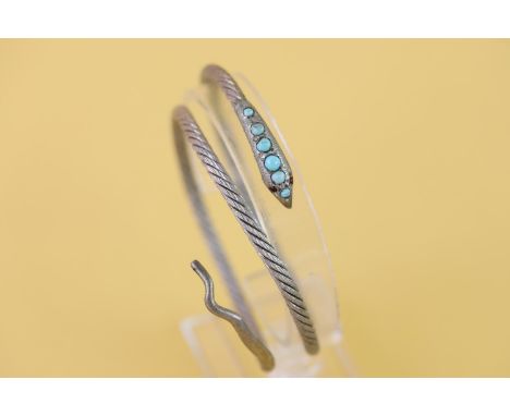 Silver art deco Egyptian revival snake bangle set with turquoise &amp; garnet (41.6g) 