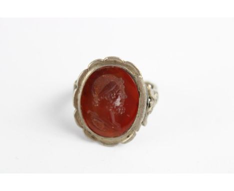 Vintage .800 silver ornate carved carnelian signet fob ring, Size M 