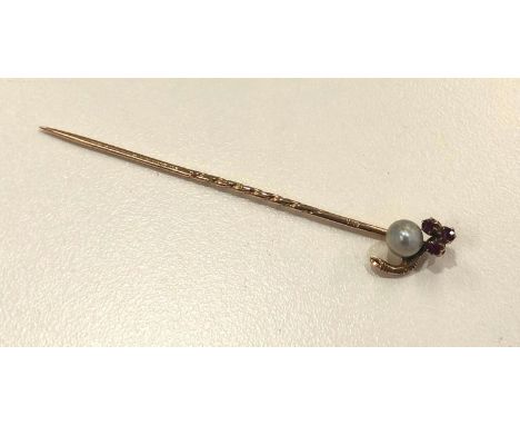 Antique Edwardian 18ct rose gold ruby &amp; pearl stick pin (1.5g) 