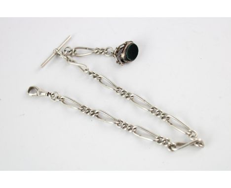 Vintage sterling silver filigree albert chain w/ hardstone spinner fob 