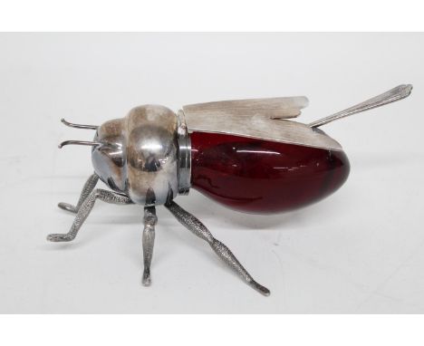 Vintage Mappin and Webb silver plate &amp; ruby glass bee form honey pot &amp; berry spoon stamped to the base of pot &amp; b