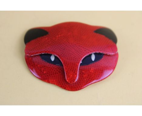 Vintage Lea Stein Paris red Bacchus cat head brooch 