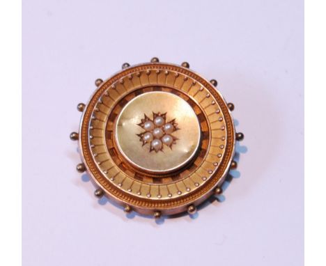 Victorian 15ct gold circular brooch with pearl centre, Chester 1890, 12g gross. 