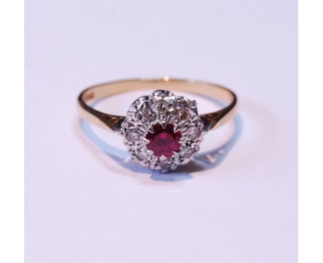 Diamond and synthetic ruby cluster ring, '18ct gold', size R, 3.1g. 