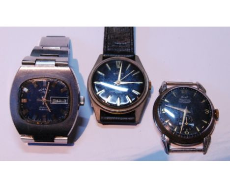 Rotary Automatic 21 jewels gent's wristwatch, c. 1970s, in stainless steel square case, the black dial with gold-coloured bat