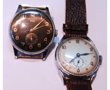 Vintage Oris military-style manual wind gent's wristwatch in nickel plated case, the black dial with gold-coloured Arabic num