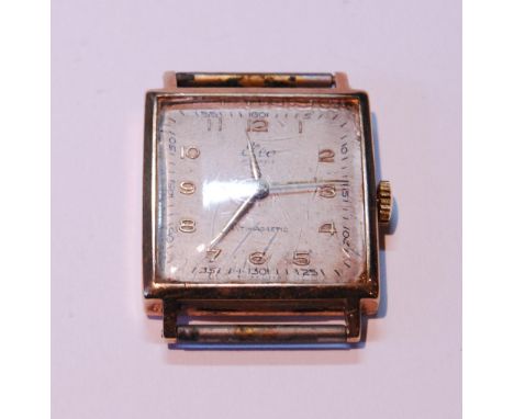 Elco 9ct gold 15 jewels gent's manual wind watch, c. 1950s, in square case with silvered dial, Arabic numerals, monogrammed t