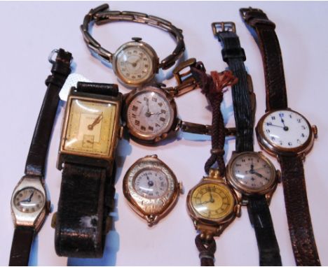 Group of vintage rolled gold manual wind ladies' wristwatches, most with leather straps, and a similar-period gent's manual w