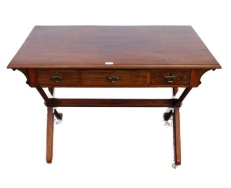 Mahogany campaign-style writing table, c. early 20th century, with large pull-out drawers containing a tooled writing surface