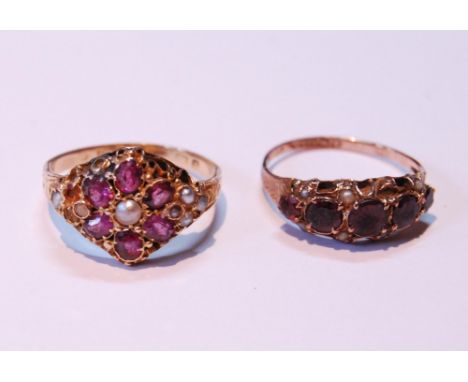 Victorian garnet and pearl ring, probably 18ct, and another, 9ct, Birmingham 1901, sizes P and O, 4g gross.&nbsp; (2)