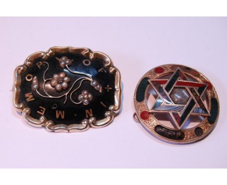 Victorian enamel and pearl mourning brooch dated 1844, and a Scottish circular pebble brooch (pin damaged), both probably 9ct